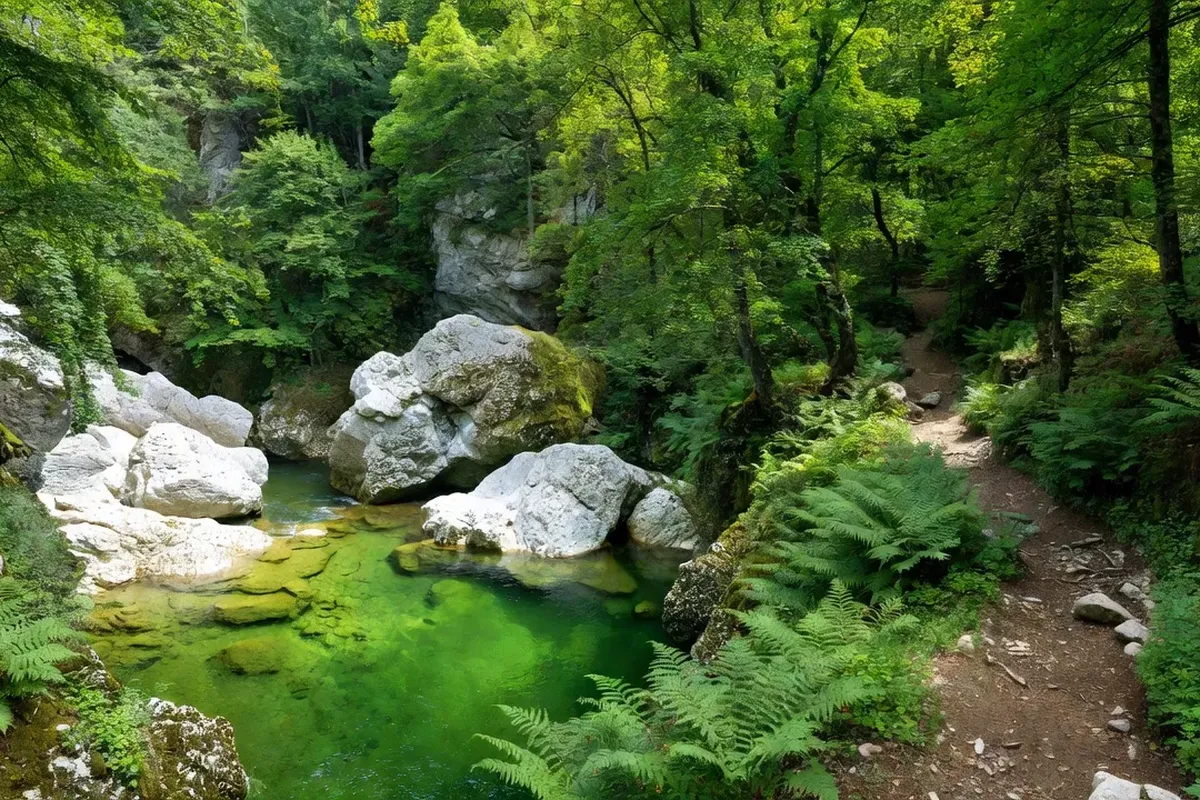 Gorges de la Loue en été, eau émeraude et rochers blancs de Franche-Comté