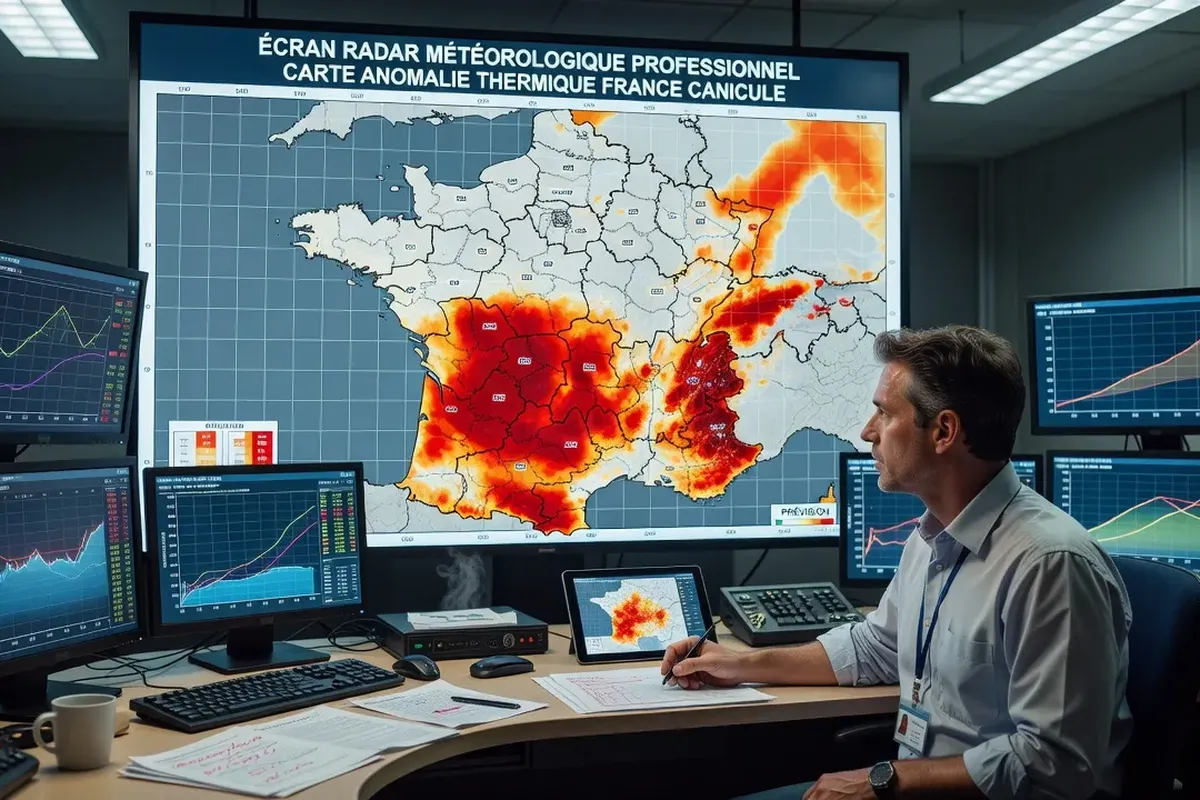 Écran radar météo avec carte d'anomalie thermique Franche-Comté