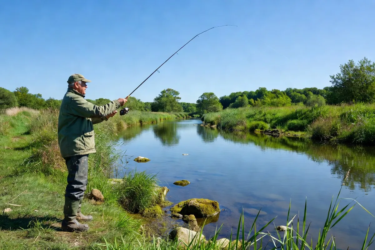 Pêcheur à la mouche sur les rives calmes de la Loue en Franche-Comté