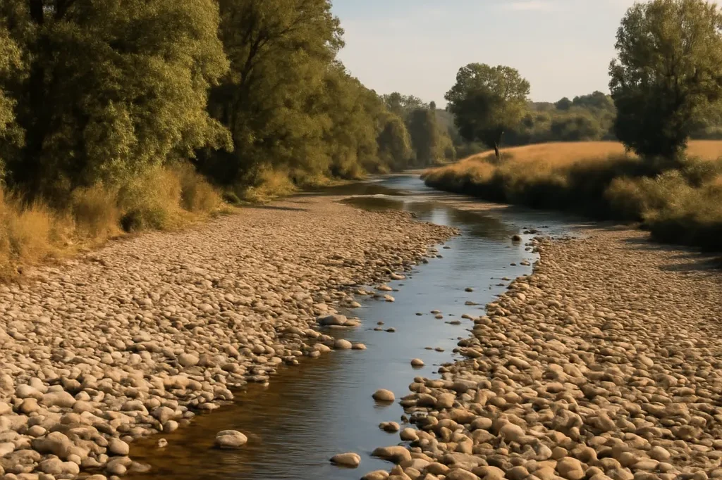 Rivière comtoise en crue avec eaux tumultueuses après un épisode pluvieux