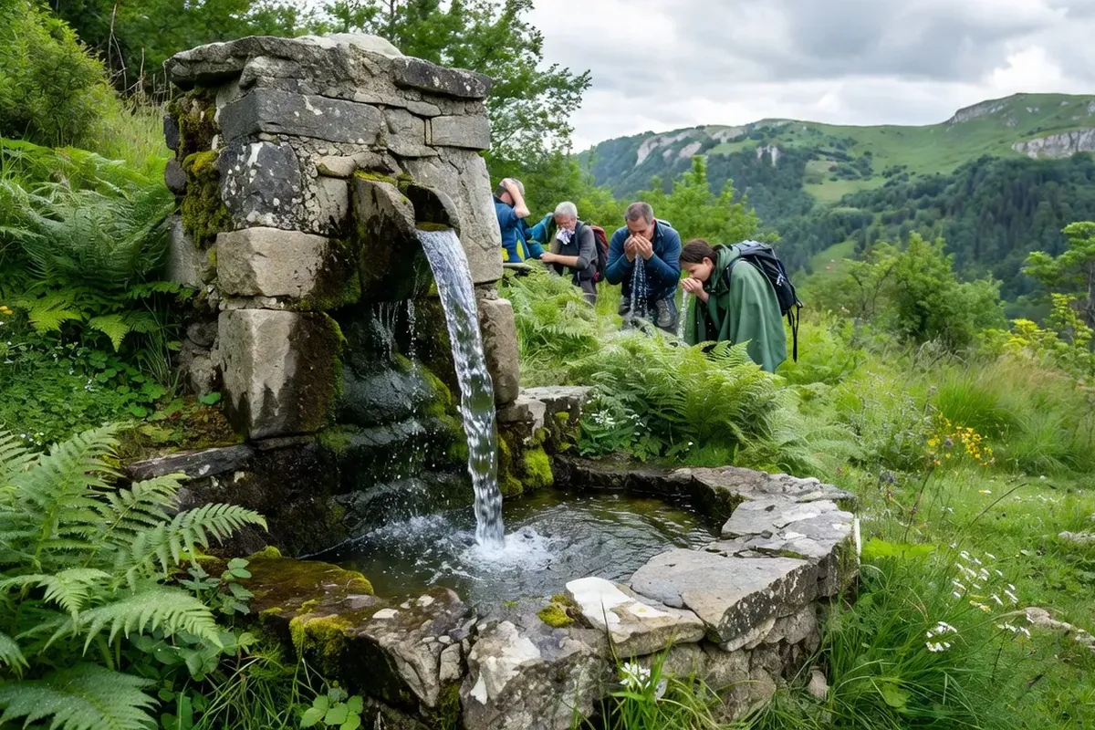 Point d'eau naturel en montagne jurassienne, source fraîche pour les randonneurs