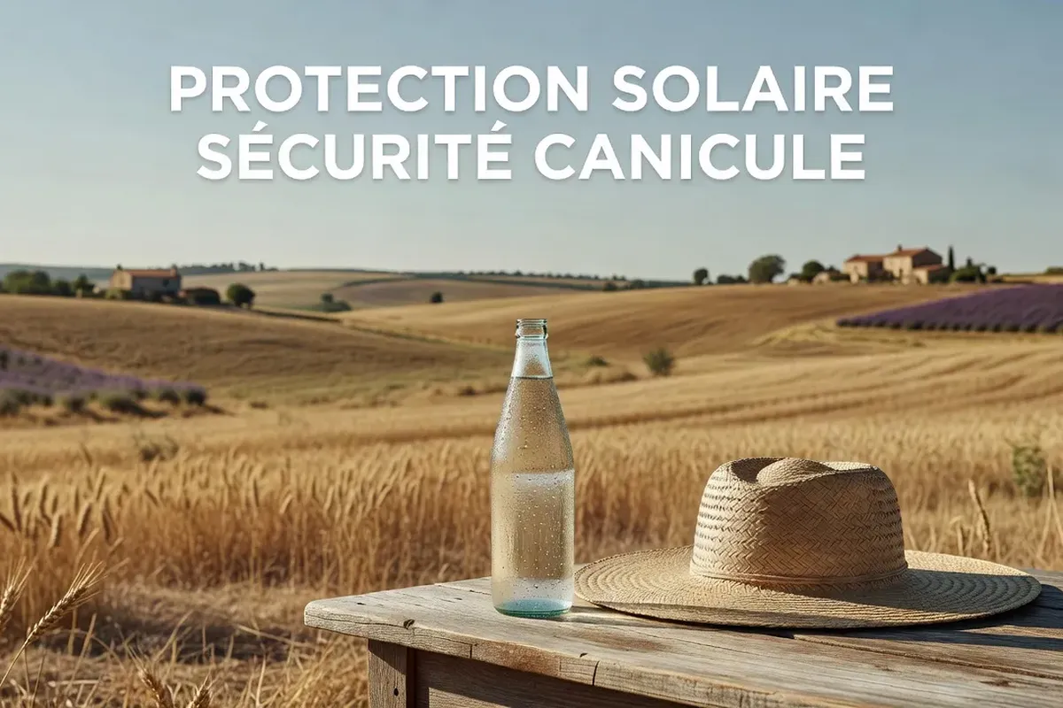 Bouteille d'eau et chapeau de paille, protection solaire canicule