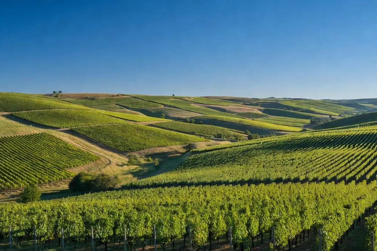 Vue panoramique du Jura viticole sous fort ensoleillement estival