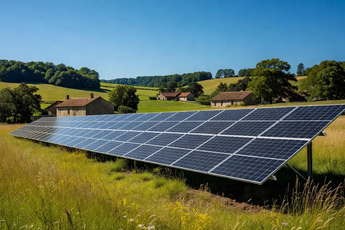 Panneaux solaires dans un champ de Haute-Saône sous fort ensoleillement