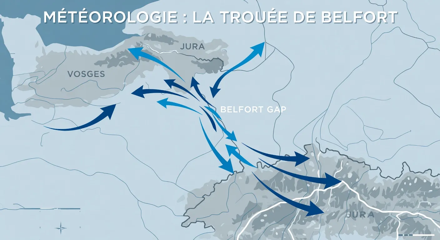 Infographie schématique de la trouée de Belfort avec flèches de vent