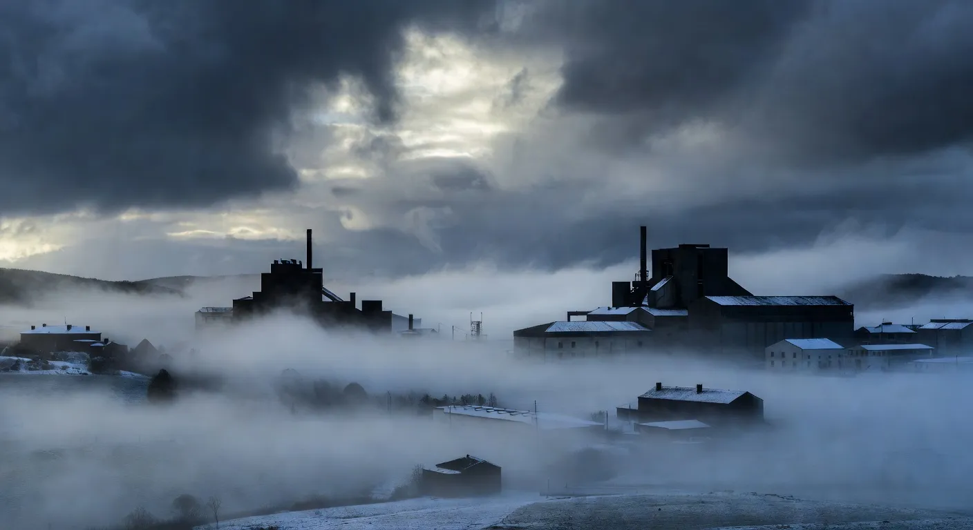 Silhouette industrielle de Montbéliard avec ciel hivernal contrasté