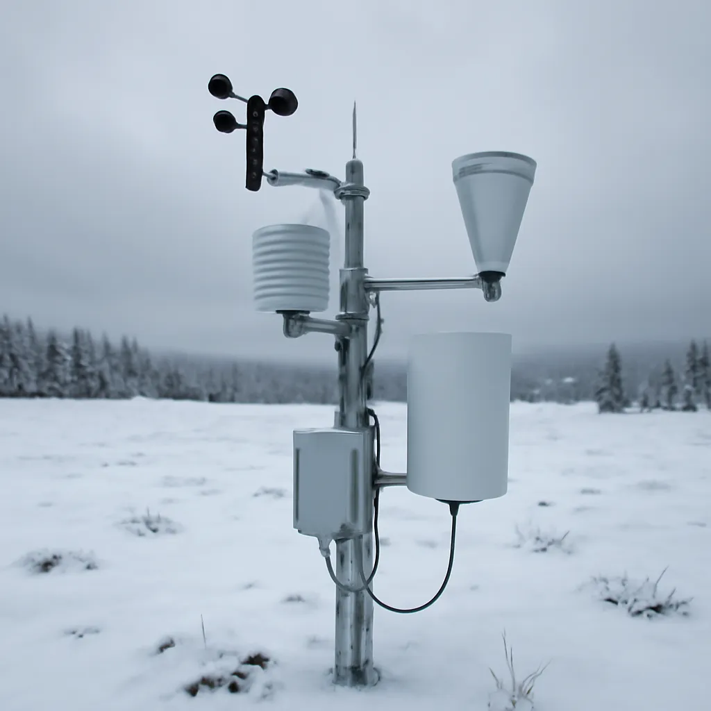 Station météo automatique sur un plateau jurassien enneigé avec anémomètre et pluviomètre